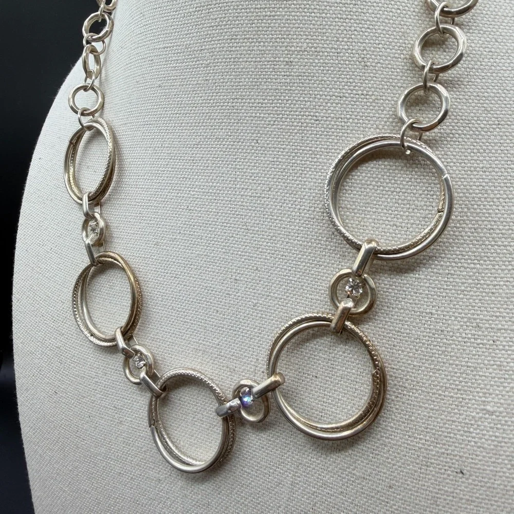 Silver Tone Circle Link Statement Necklace Rhinestone Accents Modern Geometric